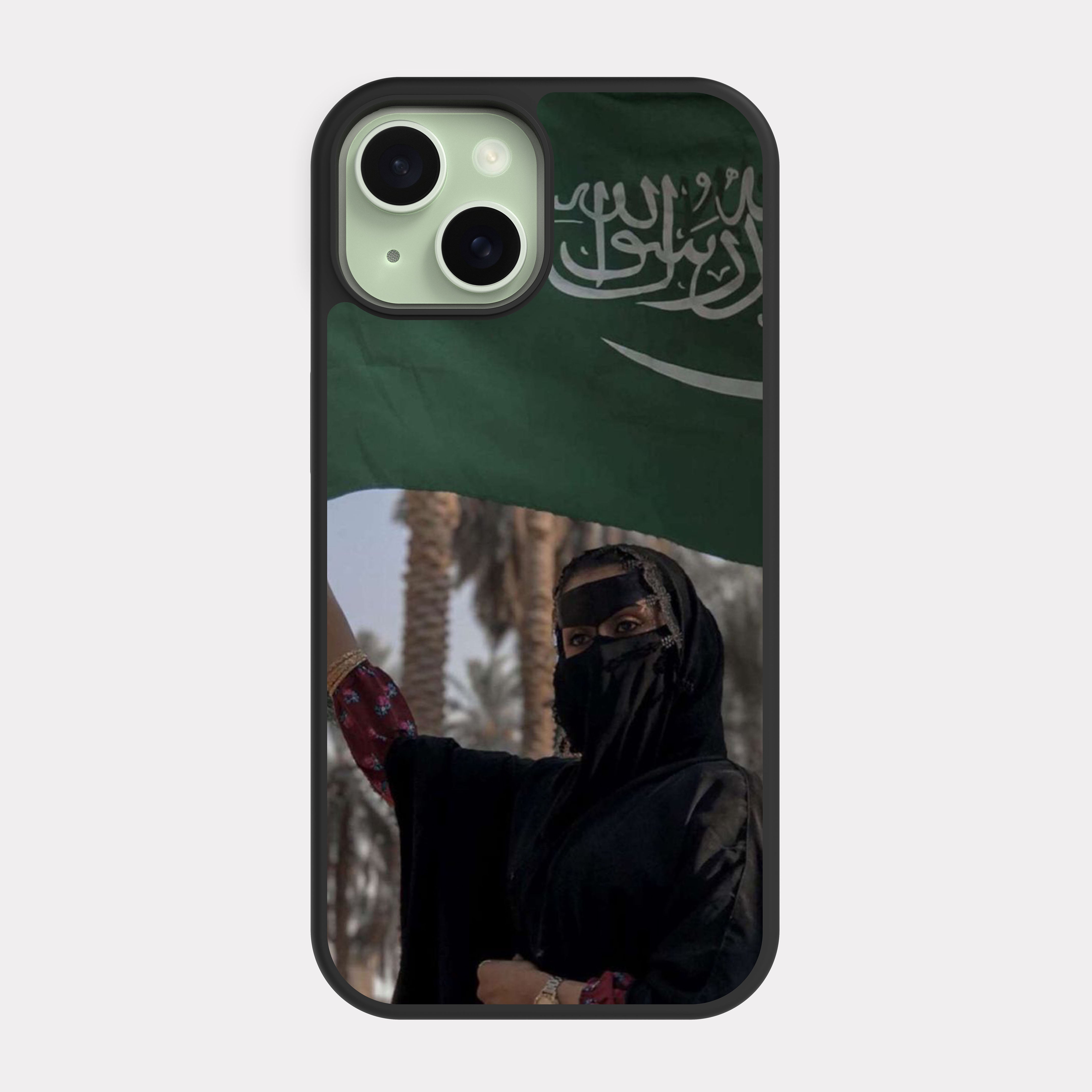 iPhone 15 case cover A Saudi woman with the Saudi flag Green