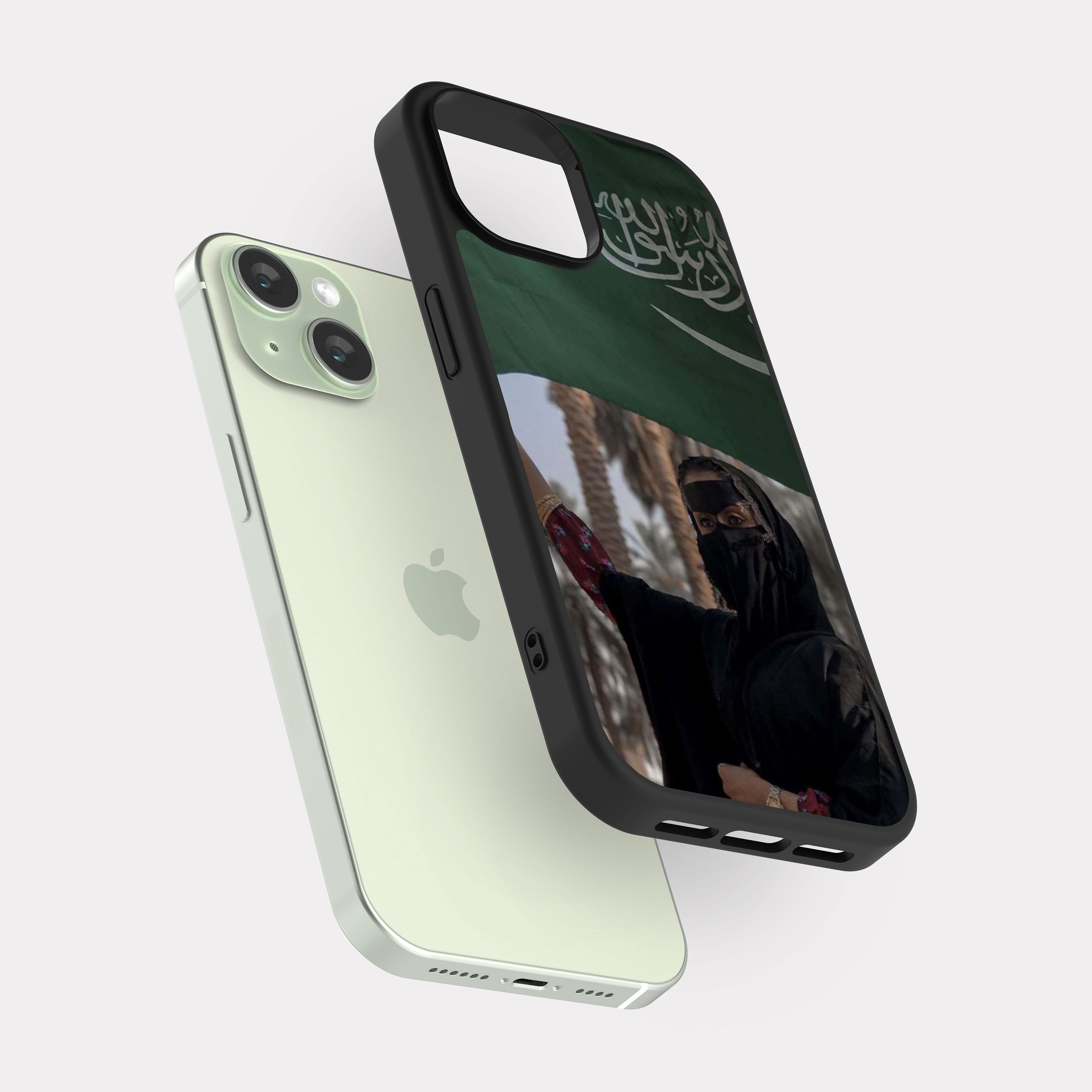 iPhone 15 case cover A Saudi woman with the Saudi flag Green