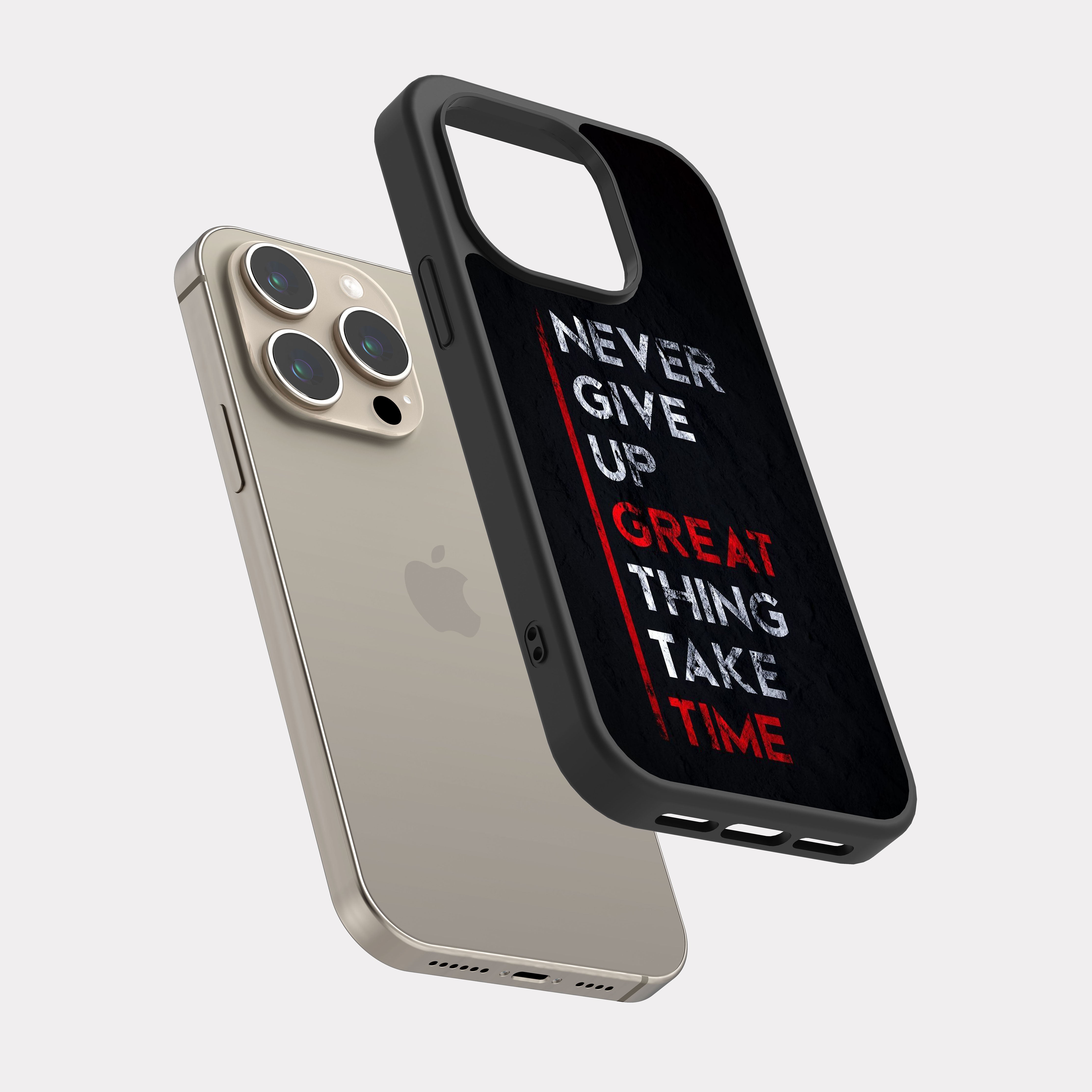 iPhone 15 Pro case cover English Quote Never Give Up Black